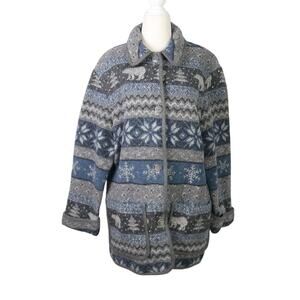 Vintage 90s David Brooks grey and blue polar bear snowflake blanket coat M